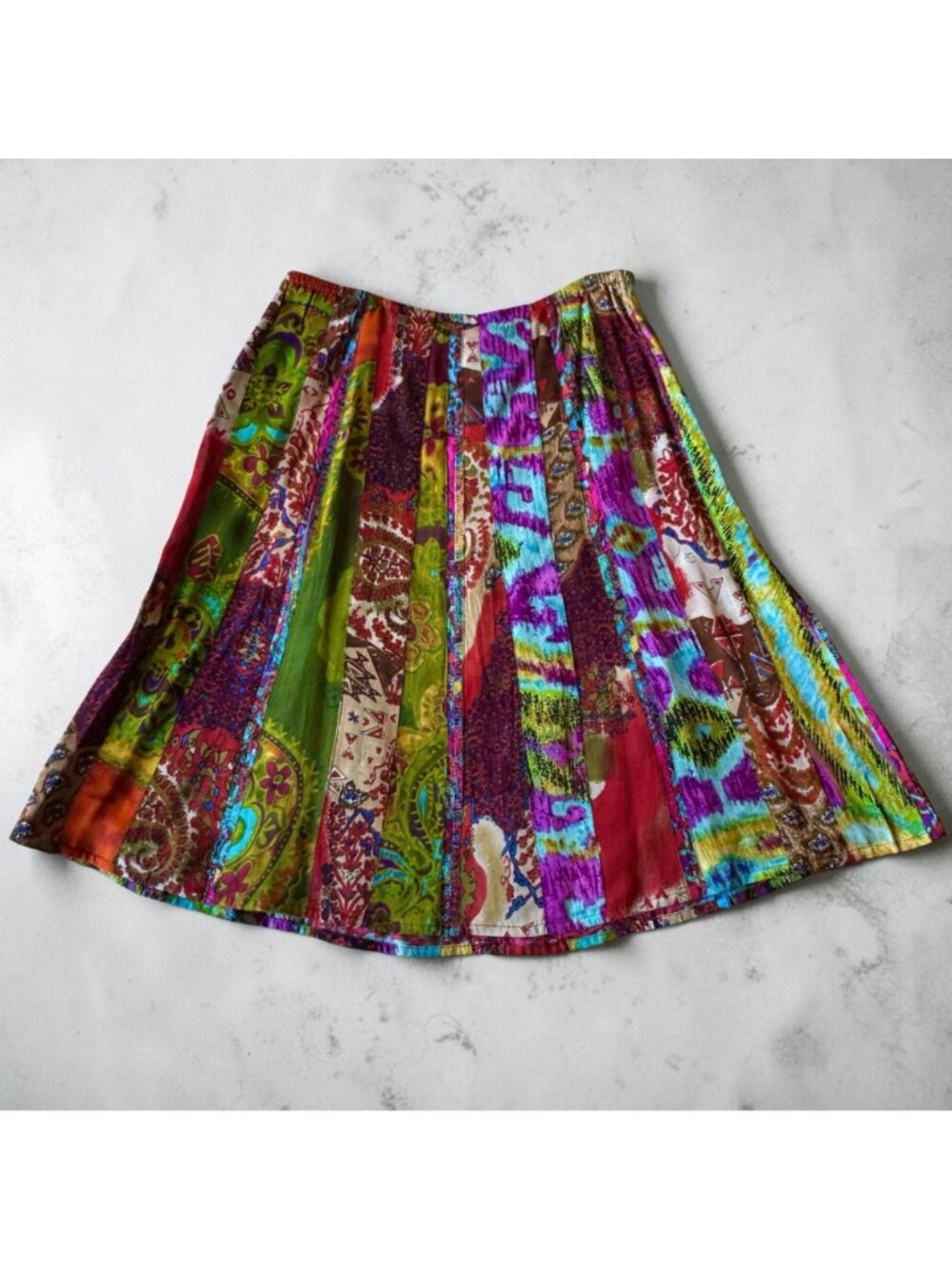 Chicos Boho A-Line Skirt Colorful Patchwork Rayon Side Zip Size 1 Made In India - Picture 2 of 11